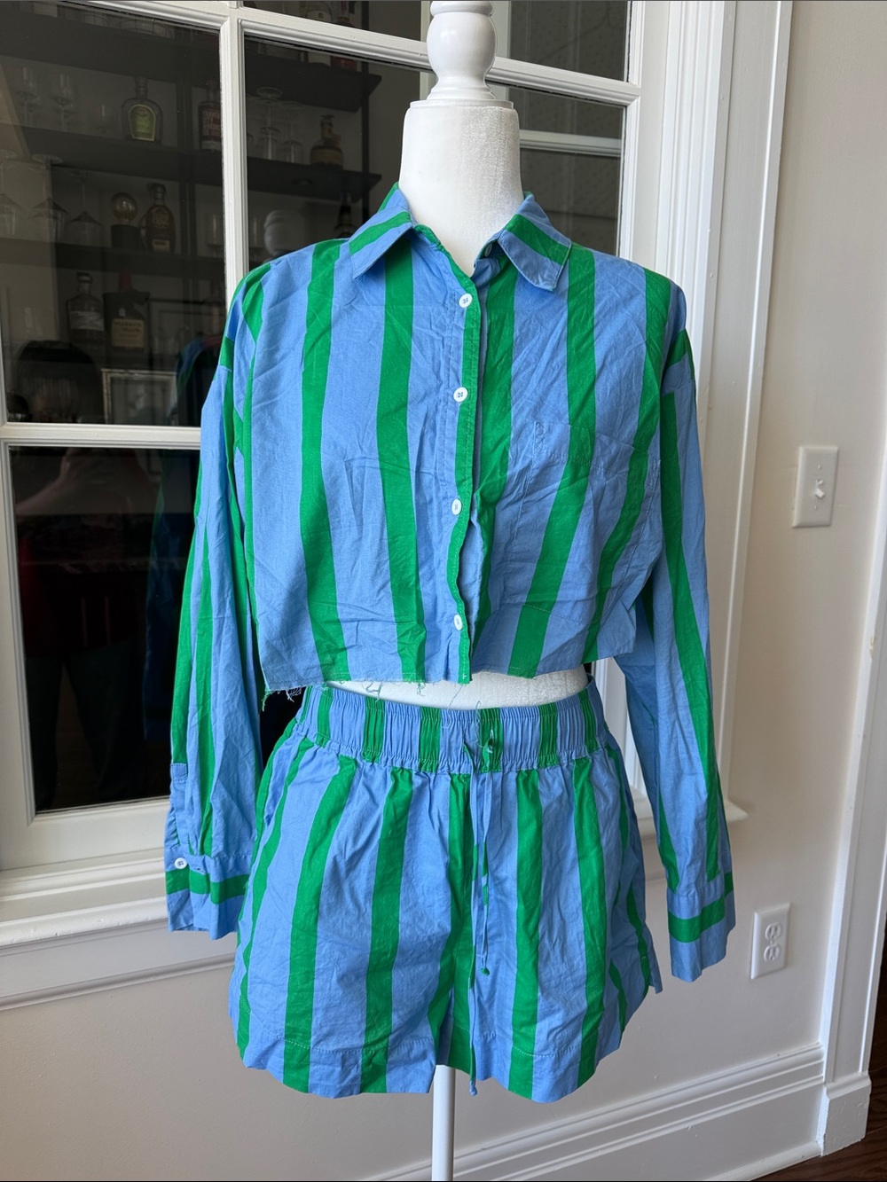 Blue and Green Striped Crop Shirt & Shorts Set